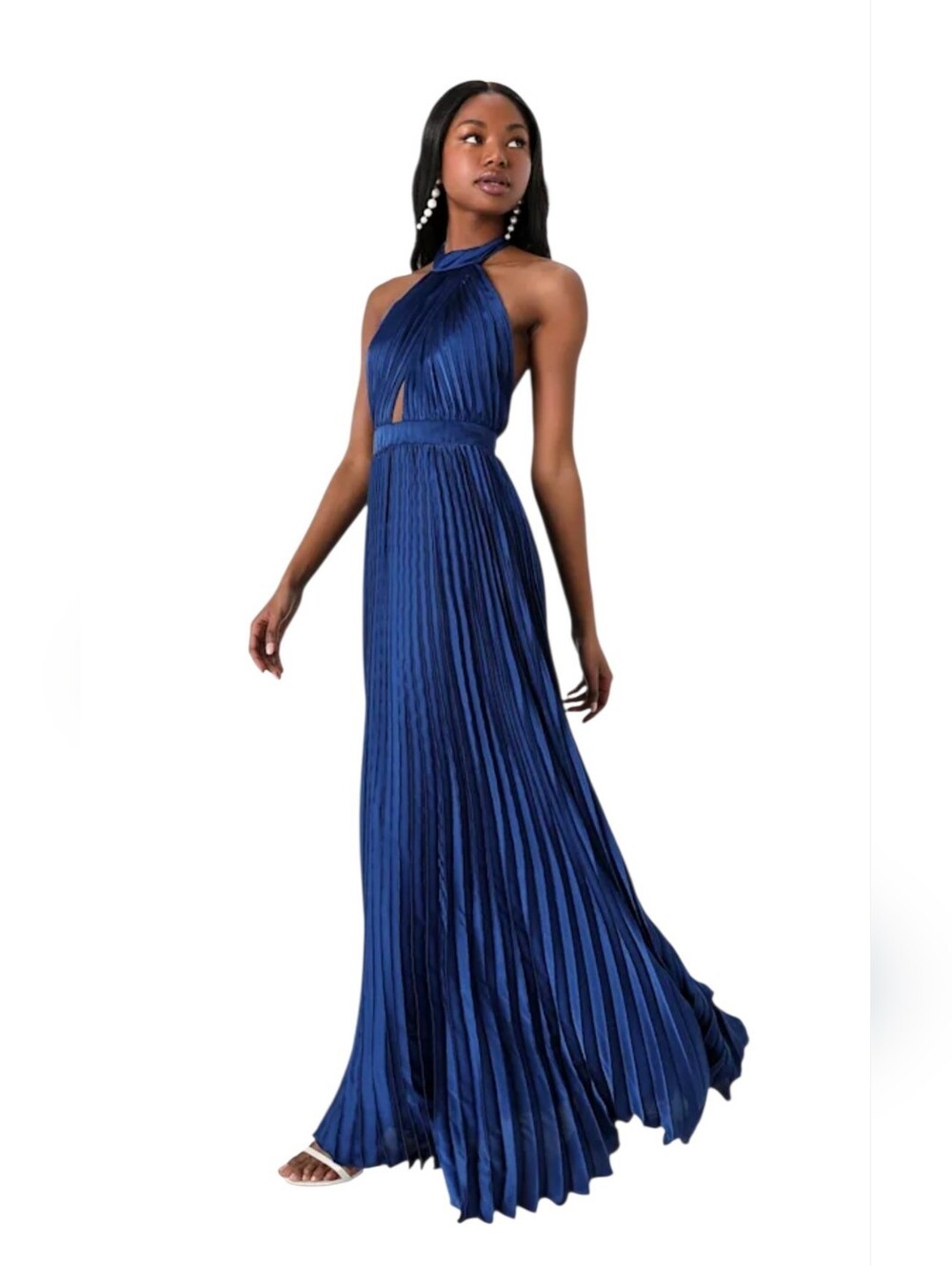 Lulus Midnight Moves Maxi Dress sz medium Navy Blue Pleated Satin Cutout Halter